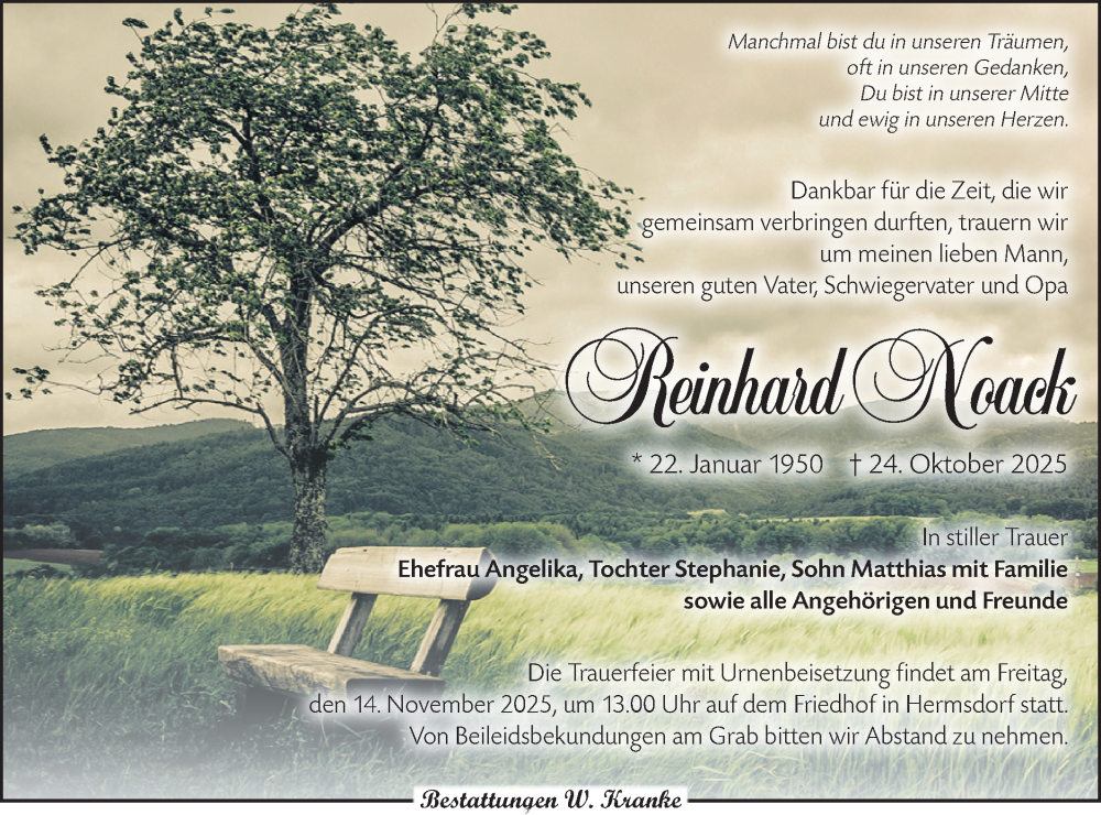  Traueranzeige für Reinhard Noack vom 01.11.2025 aus Lausitzer Rundschau