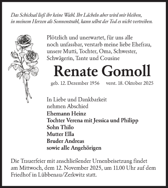 Traueranzeige von Renate Gomoll von Lausitzer Rundschau