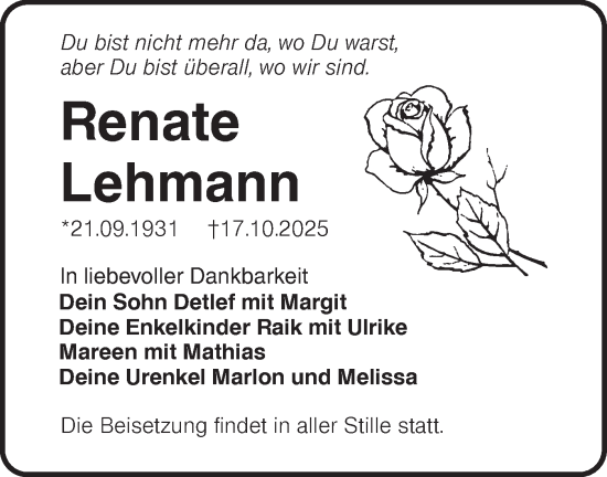 Traueranzeige von Renate Lehmann von Lausitzer Rundschau
