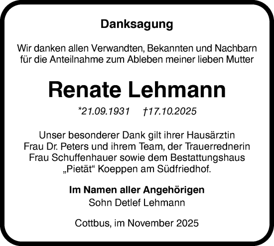 Traueranzeige von Renate Lehmann von Lausitzer Rundschau