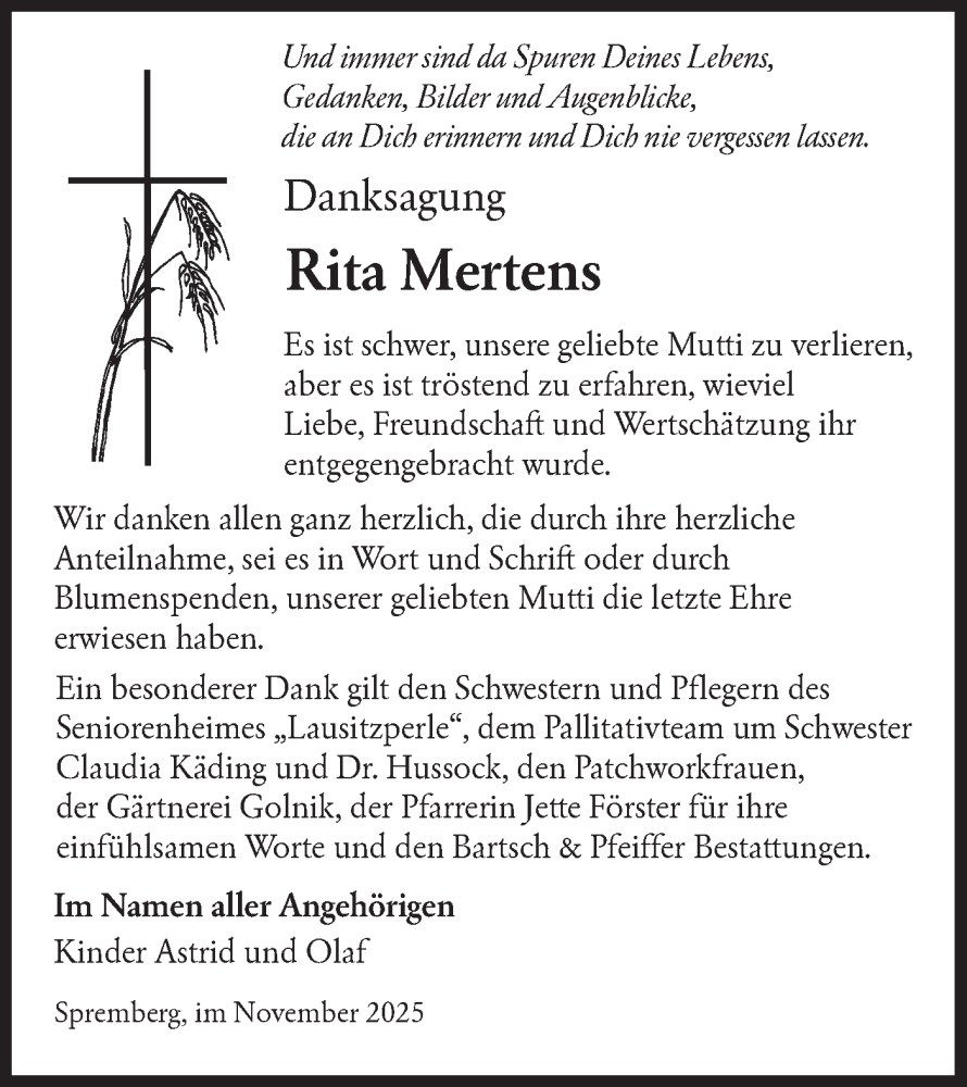  Traueranzeige für Rita Mertens vom 22.11.2025 aus Lausitzer Rundschau