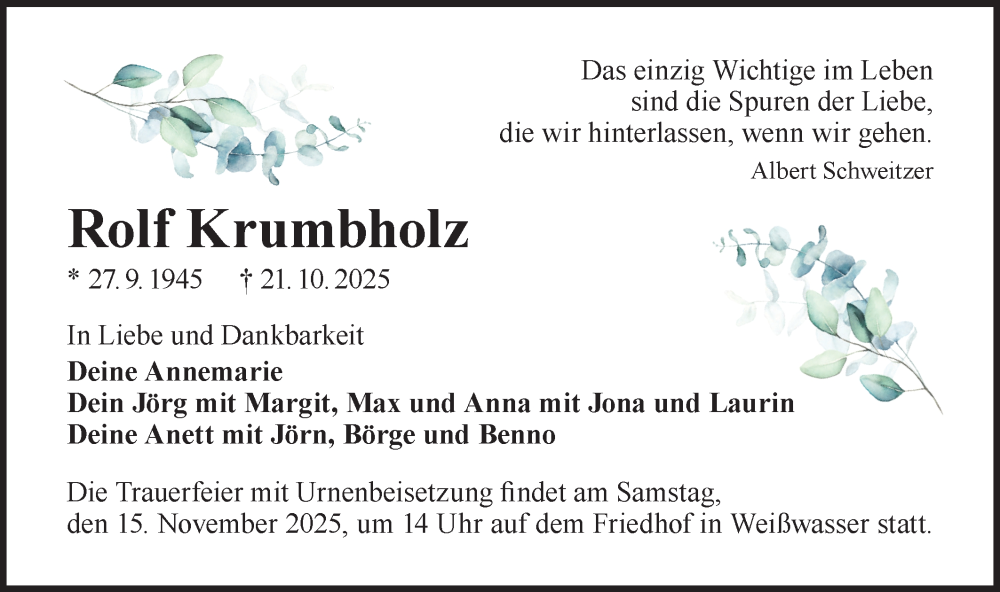  Traueranzeige für Rolf Krumbholz vom 08.11.2025 aus Lausitzer Rundschau