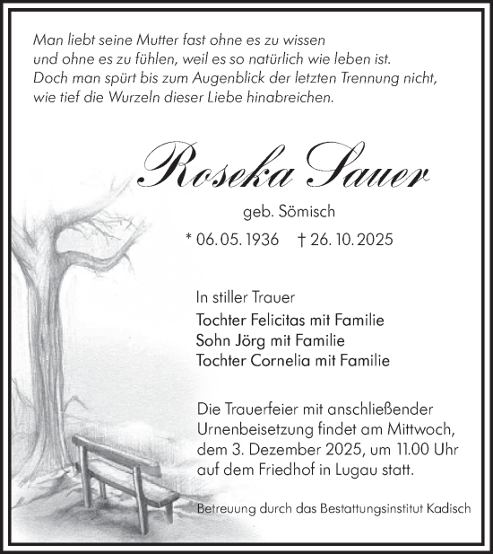 Traueranzeige von Roseka Sauer von Lausitzer Rundschau