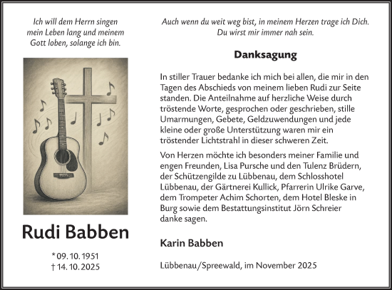 Traueranzeige von Rudi Babben von Ausg. LR Spreewald RS