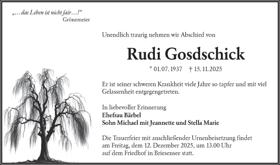 Traueranzeige von Rudi Gosdschick von Ausg. LR Spreewald RS