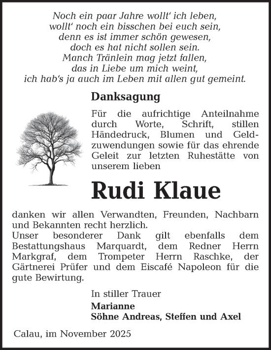 Traueranzeige von Rudi Klaue von Ausg. LR Spreewald RS