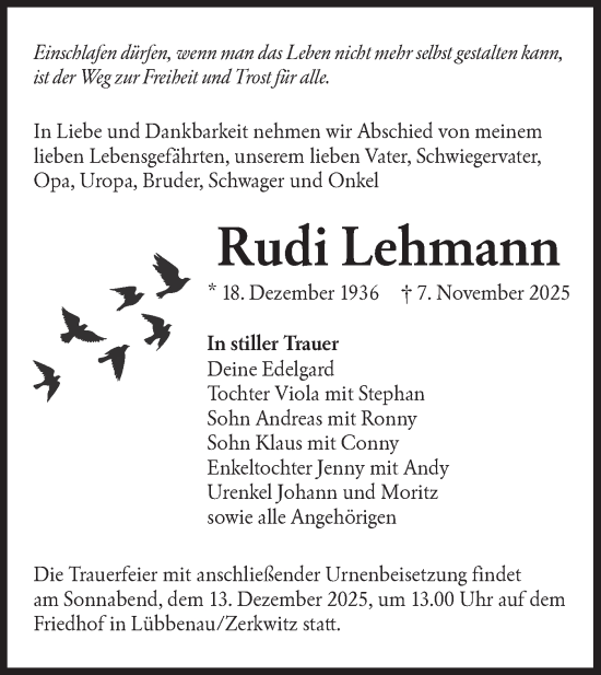 Traueranzeige von Rudi Lehmann von Lausitzer Rundschau