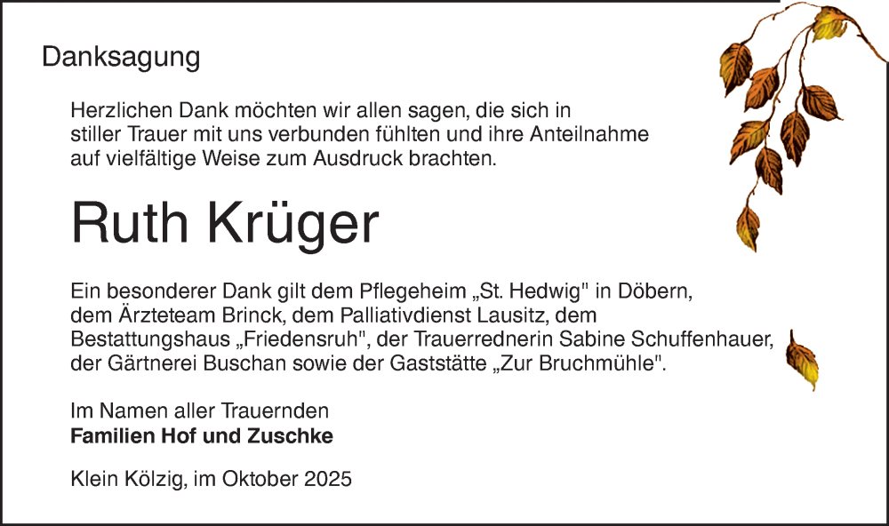  Traueranzeige für Ruth Krüger vom 01.11.2025 aus Lausitzer Rundschau