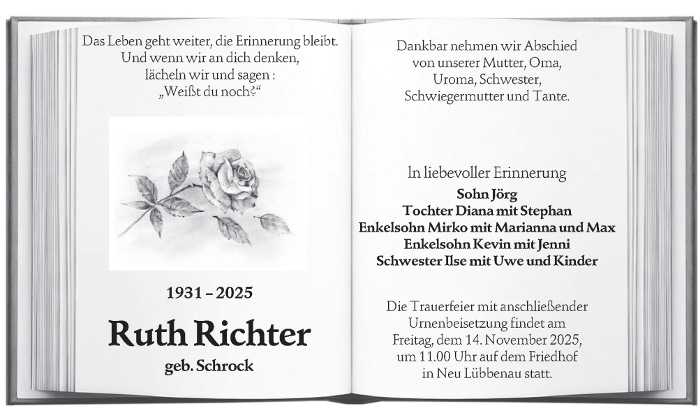  Traueranzeige für Ruth Richter vom 01.11.2025 aus Lausitzer Rundschau