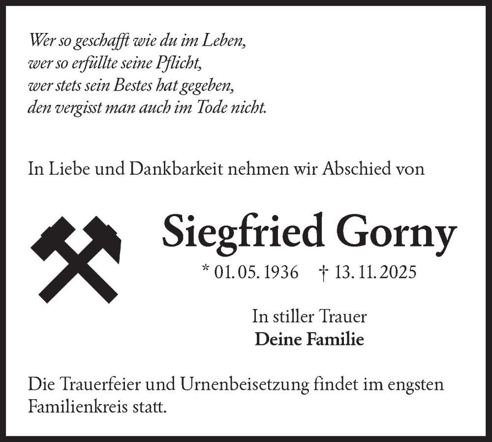  Traueranzeige für Siegfried Gorny vom 29.11.2025 aus Lausitzer Rundschau