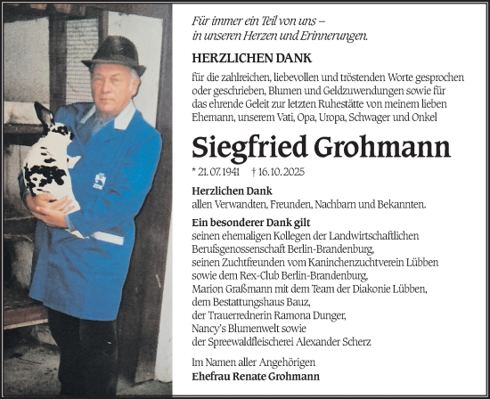 Traueranzeige von Siegfried Grohmann von Ausg. LR Spreewald RS