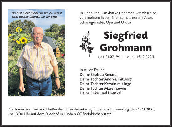 Traueranzeige von Siegfried Grohmann von Ausg. LR Spreewald RS