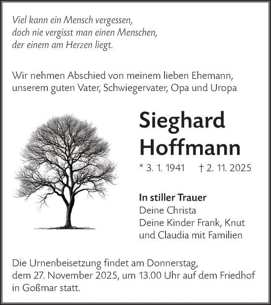 Traueranzeige von Sieghard Hoffmann von Lausitzer Rundschau