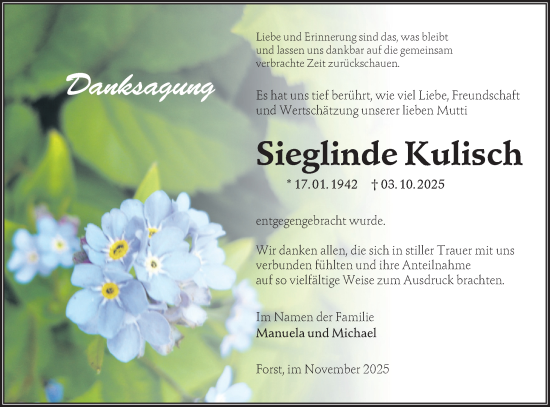 Traueranzeige von Sieglinde Kulisch von Lausitzer Rundschau