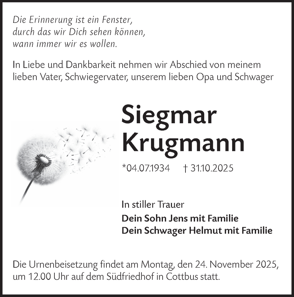  Traueranzeige für Siegmar Krugmann vom 22.11.2025 aus Lausitzer Rundschau