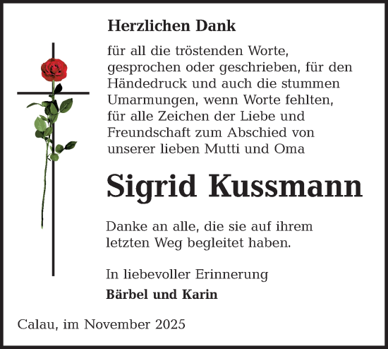 Traueranzeige von Sigrid Kussmann von Ausg. LR Spreewald RS