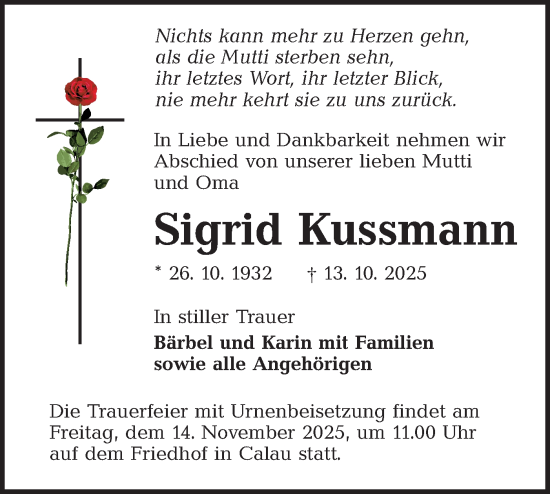 Traueranzeige von Sigrid Kussmann von Ausg. LR Spreewald RS