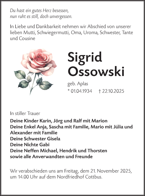 Traueranzeige von Sigrid Ossowski von Lausitzer Rundschau