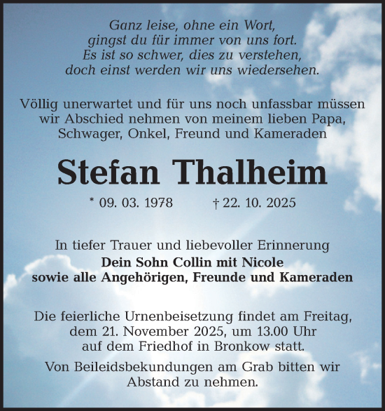 Traueranzeige von Stefan Thalheim von Lausitzer Rundschau