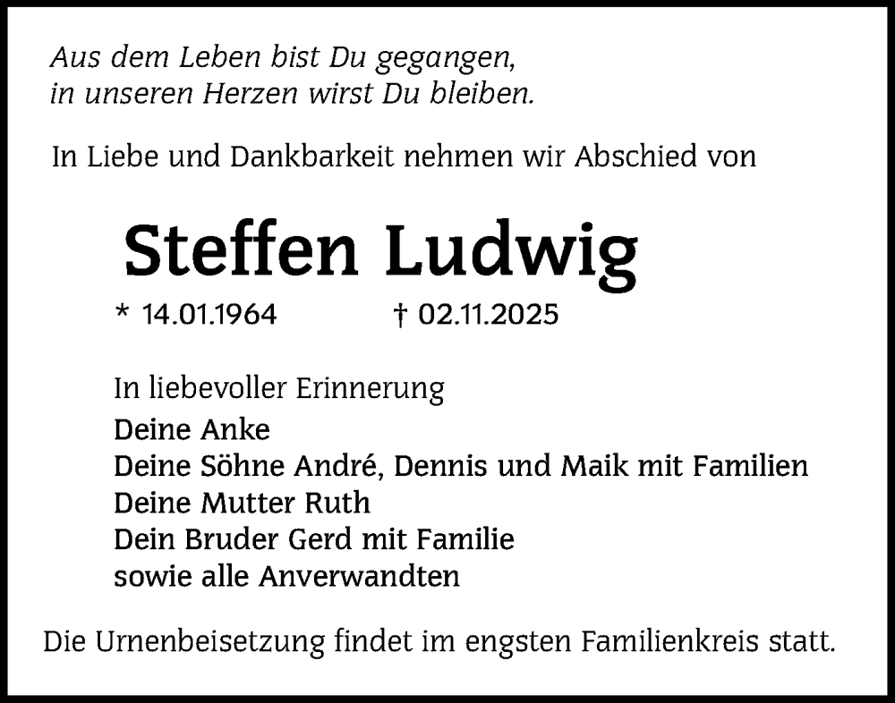  Traueranzeige für Steffen Ludwig vom 22.11.2025 aus Lausitzer Rundschau