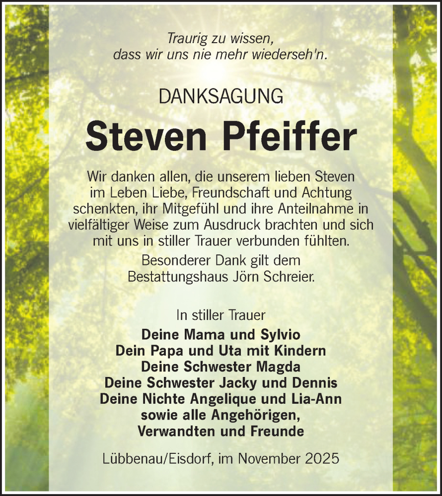 Traueranzeige für Steven Pfeiffer vom 15.11.2025 aus Lausitzer Rundschau