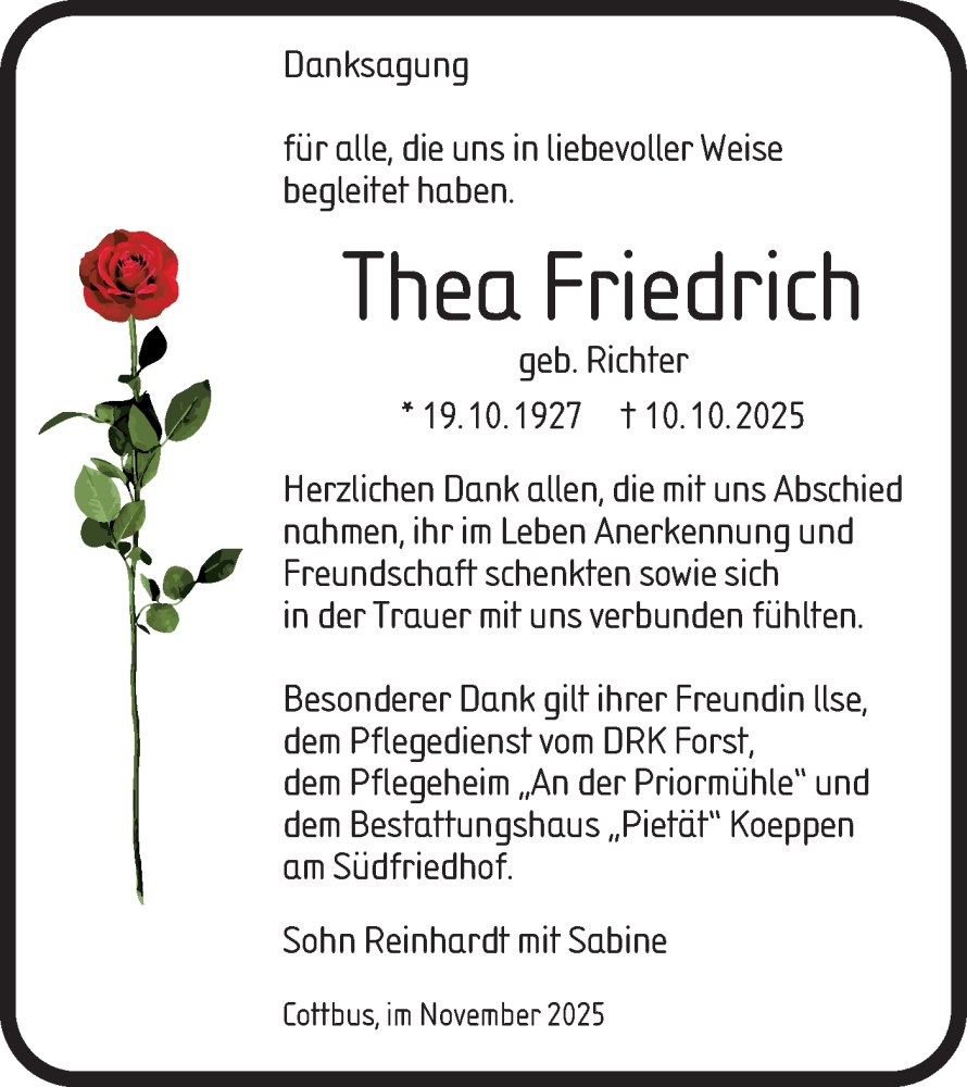  Traueranzeige für Thea Friedrich vom 08.11.2025 aus Lausitzer Rundschau