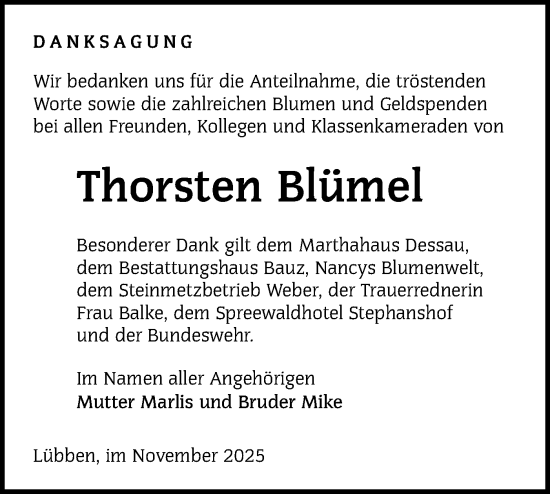 Traueranzeige von Thorsten Blümel von Lausitzer Rundschau