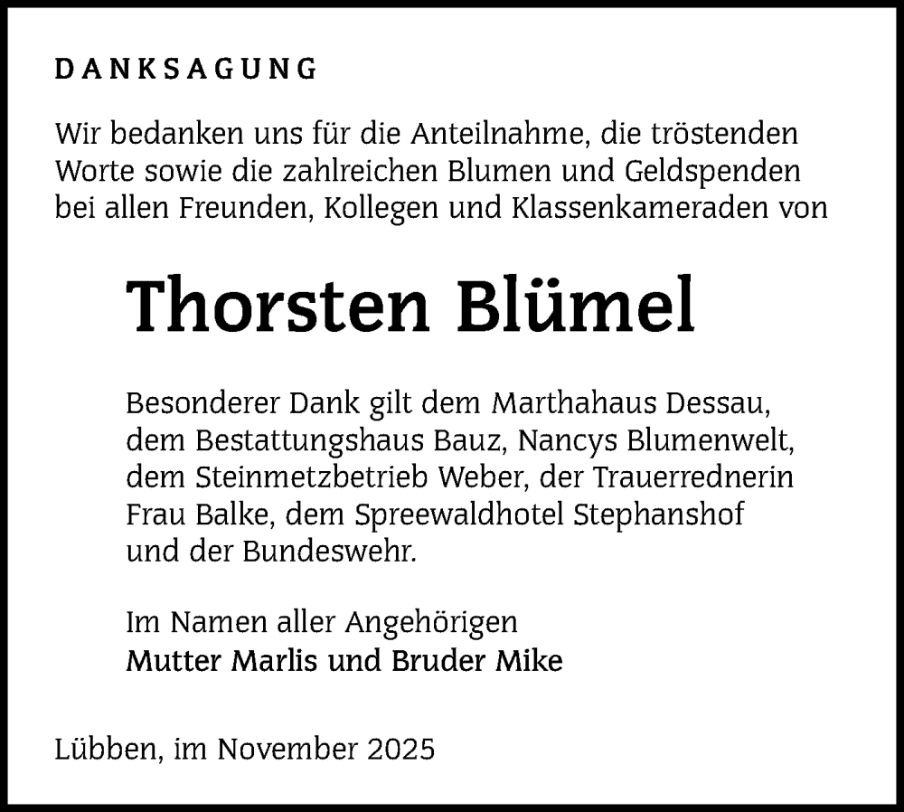  Traueranzeige für Thorsten Blümel vom 15.11.2025 aus Lausitzer Rundschau