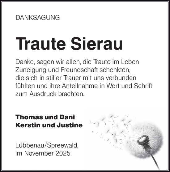Traueranzeige von Traute Sierau von Lausitzer Rundschau