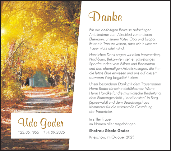 Traueranzeige von Udo Goder von Lausitzer Rundschau