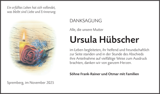 Traueranzeige von Ursula Hübscher von Lausitzer Rundschau