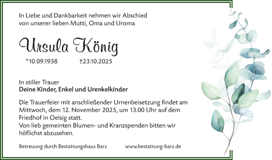 Traueranzeige von Ursula König von Lausitzer Rundschau