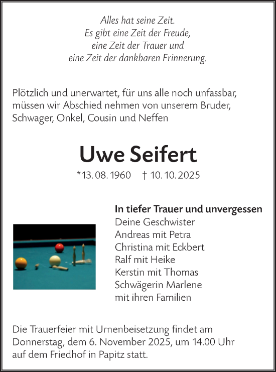 Traueranzeige von Uwe Seifert von Lausitzer Rundschau