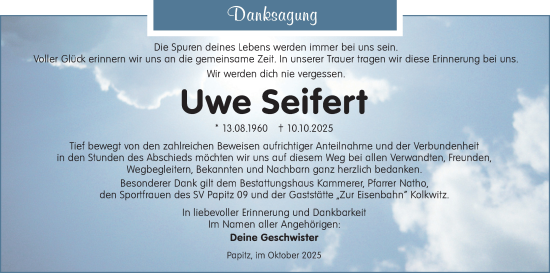 Traueranzeige von Uwe Seifert von Lausitzer Rundschau