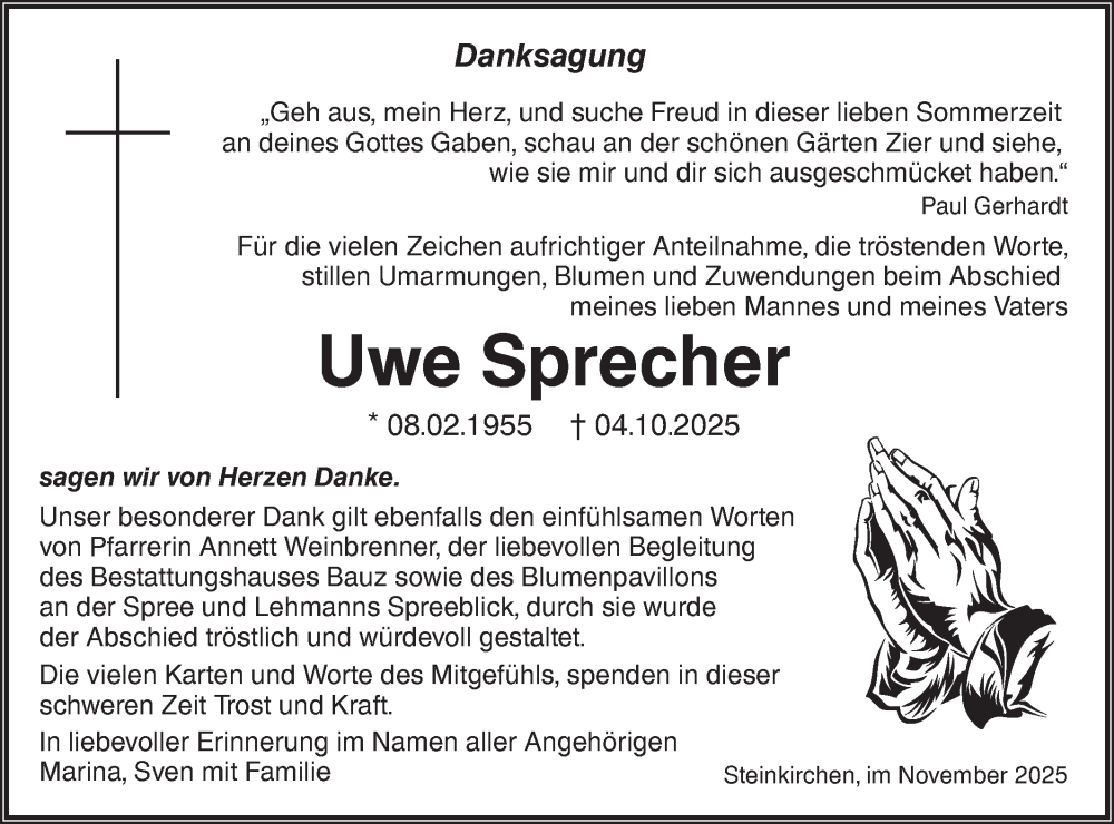  Traueranzeige für Uwe Sprecher vom 29.11.2025 aus Lausitzer Rundschau
