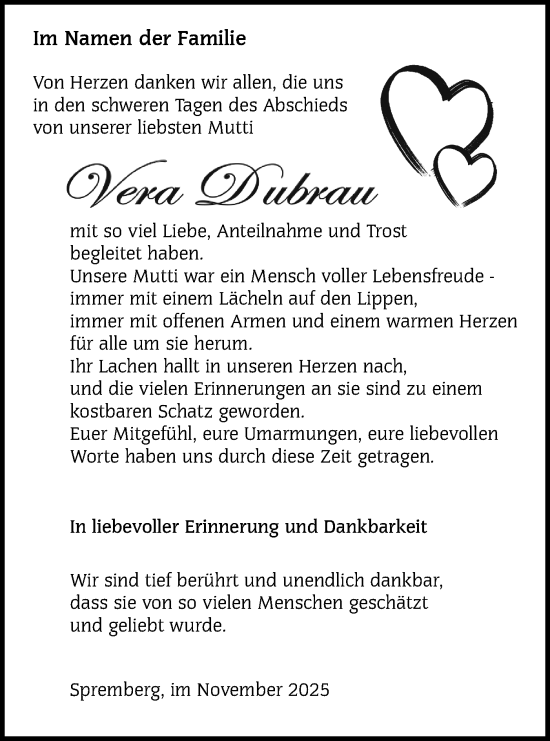 Traueranzeige von Vera Dubrau von Lausitzer Rundschau