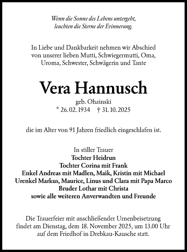  Traueranzeige für Vera Hannusch vom 18.11.2025 aus Lausitzer Rundschau