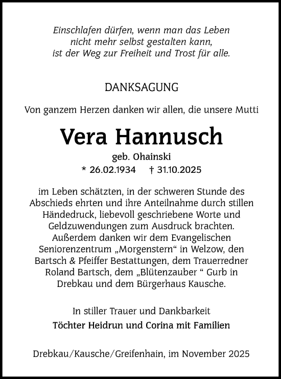 Traueranzeige von Vera Hannusch von Lausitzer Rundschau