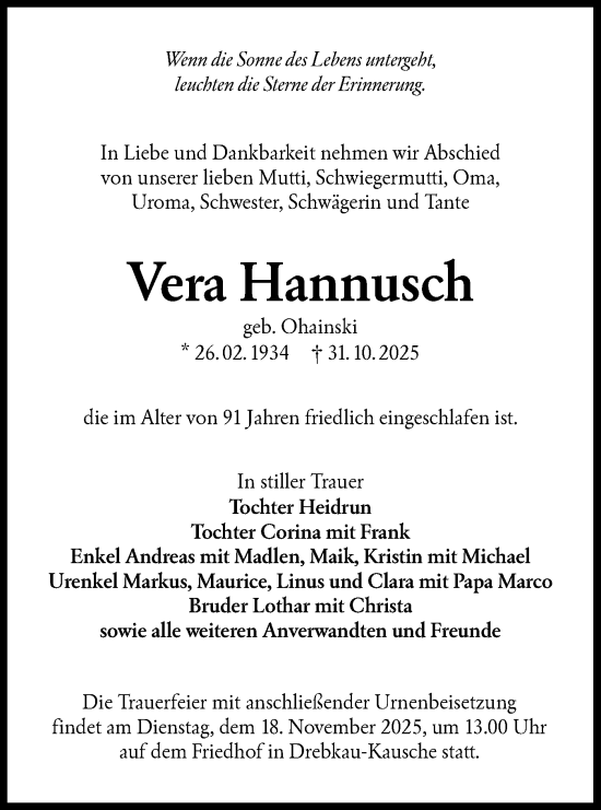 Traueranzeige von Vera Hannusch von Lausitzer Rundschau
