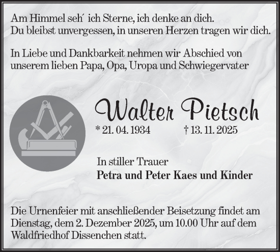 Traueranzeige von Walter Pietsch von Lausitzer Rundschau