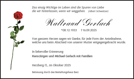 Traueranzeige von Waltraud Gerlach von Lausitzer Rundschau