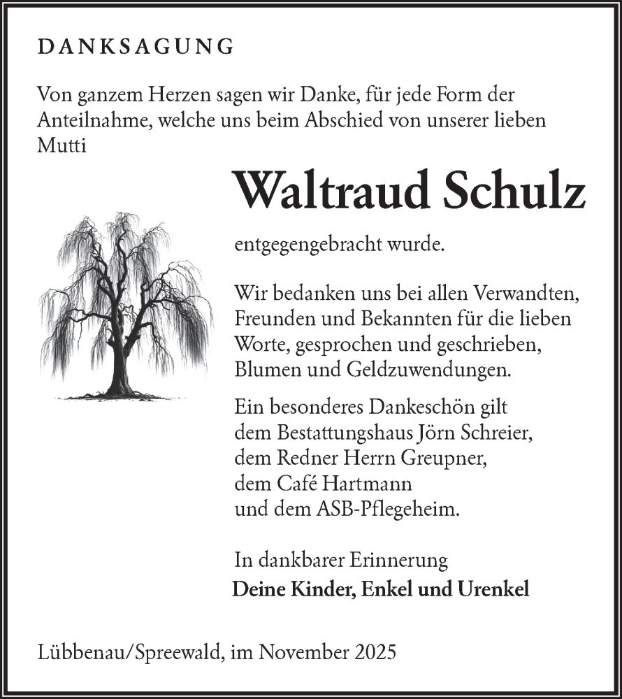  Traueranzeige für Waltraud Schulz vom 22.11.2025 aus Lausitzer Rundschau