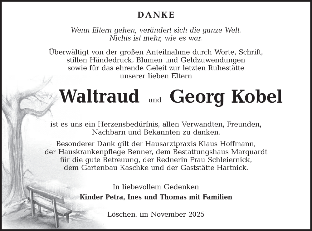  Traueranzeige für Waltraud und Georg Kobel vom 08.11.2025 aus Lausitzer Rundschau