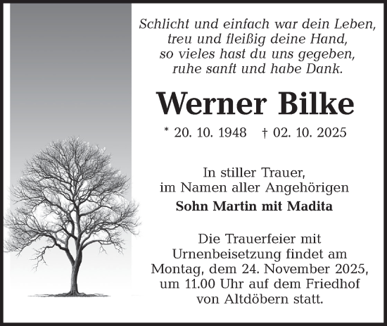 Traueranzeige von Werner Bilke von Lausitzer Rundschau