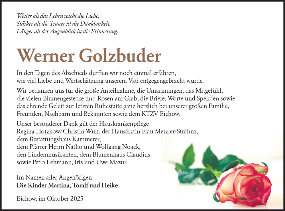  Traueranzeige für Werner Golzbuder vom 15.11.2025 aus Lausitzer Rundschau