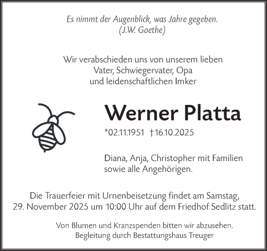 Traueranzeige von Werner Platta von Lausitzer Rundschau