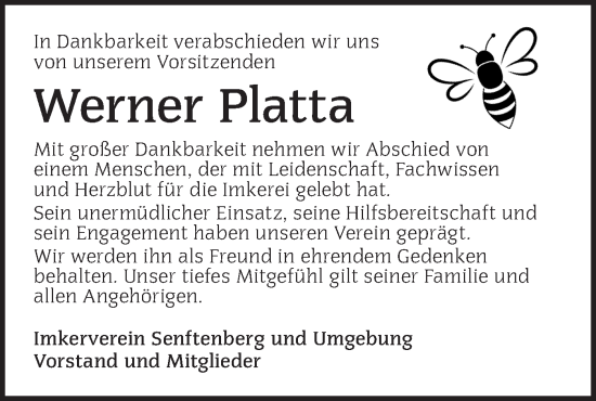 Traueranzeige von Werner Platta von Lausitzer Rundschau