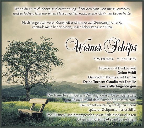 Traueranzeige von Werner Schöps von Lausitzer Rundschau