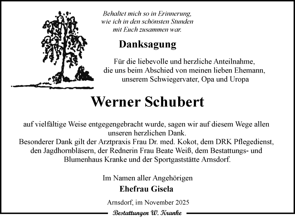  Traueranzeige für Werner Schubert vom 29.11.2025 aus Lausitzer Rundschau
