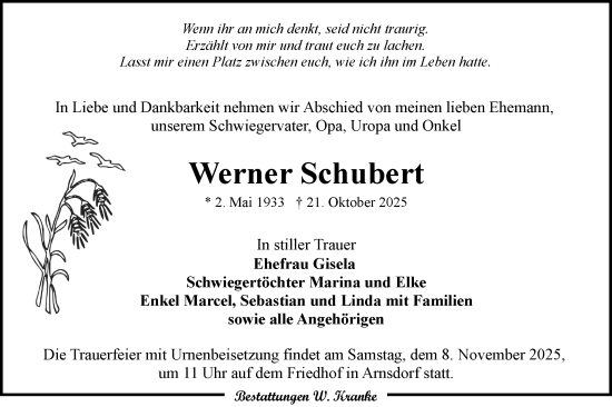 Traueranzeige von Werner Schubert von Lausitzer Rundschau